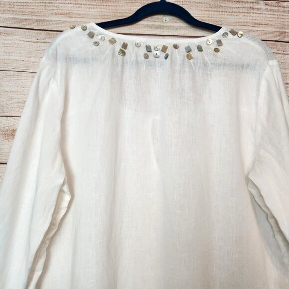 J. Jill Women's Large White Linen Sequin Iridescent Beaded Tunic Top Boho Crispy - Picture 12 of 16